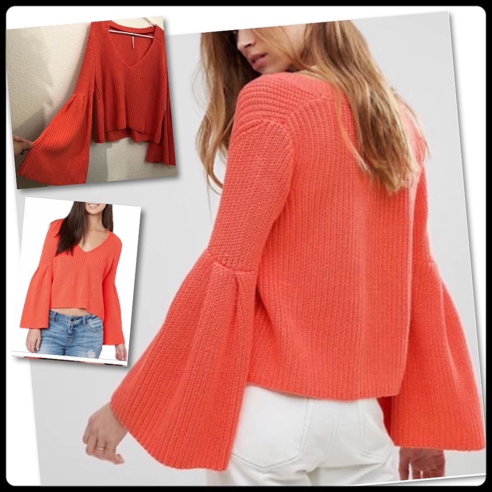 Free People Sweater V-Neck Bell Sleeve Coral Orang
